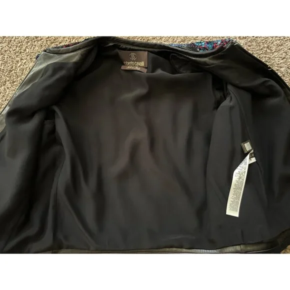Roberto Cavalli multicolor rainbow sequin beaded black silk leather jacket IT46